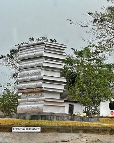 Monument of books at Revelation Roundabout on campus